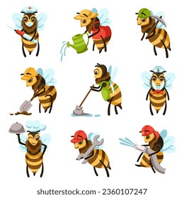 Cartoon bee workers. Cute bees of different professions, diligent workers and professionals vector illustration set. Flying characters in costumes as nurse, gardener, miner and firefighter