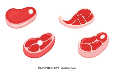 Cartoon beef steaks.
Set of juicy and tender pieces of meat.
Meat steaks collection close-up on a white background.