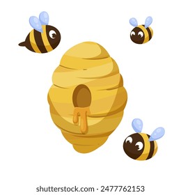 Cartoon beehive and bees on a white background. Vector illustration