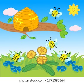 Cartoon beehive and flying bees on lawn vector illustration for children