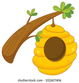 cartoon of a beehive hanging from a branch