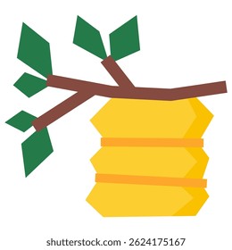 Cartoon beehive hanging on tree branch in flat design. Represents home for bees in nature setting. Great for education, kids illustrations, and garden themes.