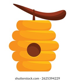 Cartoon beehive hanging from a tree branch, creating a safe and natural habitat for honeybees
