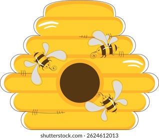 Cartoon Beehive with Honey Bees Illustration. Bees vector illustration.