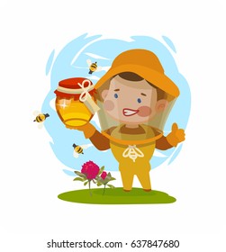 Cartoon beekeeper and honey. Bee uly. Apiary. Bee garden. Vector flat cartoon. Red flowers of clover. Blue sky