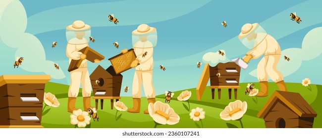 Cartoon beekeepers at apiary. Honey bees flying around beehives in flower field, blooming wildflowers and apiary workers. Rural beekeeping life vector illustration. People in protective clothing