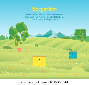 Cartoon Beekeeping Apiary Farm Garden Landscape Background with Beehive and Bee Flat Design Nature Scene Card Poster. Vector illustration of Beegarden