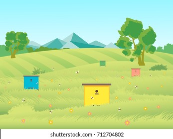 Cartoon Beekeeping Apiary Farm Garden Landscape Background with Beehive and Bee Flat Design Nature Scene for Card. Vector illustration of Beegarden