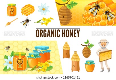 Cartoon beekeeping composition with beekeeper hive bees camomile flower honeycombs stick jars and banks of honey vector illustration