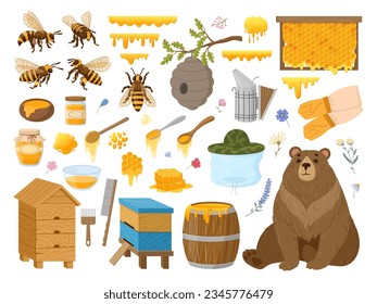 Cartoon beekeeping. Honeycraft, apiary, apiculture, bees, beeswax, honeycomb, beehive and sweet honey jar, natural, healthy products flat vector illustration set. Apiculture collection