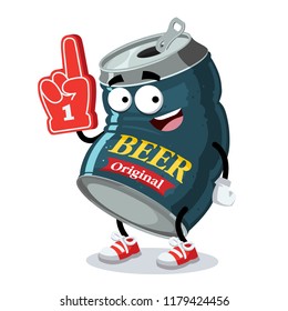 cartoon beer in an aluminum can character mascot with the number 1 one sports fan hand glove on a white background