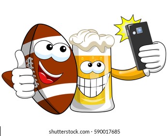 Cartoon beer and american football ball taking selfie with smartphone isolated