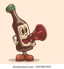 cartoon beer botle with face holding megaphone for beer promo announcement concept. funky beer retro mascot illustration