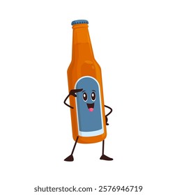 Cartoon beer bottle drink groovy character. Bar alcohol drink or beverage retro funky personage. Pub ale bottle vintage isolated vector cheerful character or brewery beer 60s 70s happy mascot