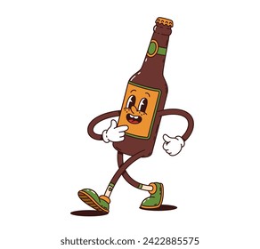 Cartoon beer bottle groovy character. Isolated vector funky psychedelic flask personage with vintage colors, groove eyes, and a wide grin, happily walking, radiating retro vibes and chilled-out charm