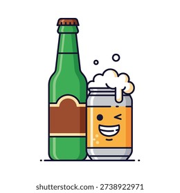 Cartoon beer bottle and smiling can with frothy head symbolizing friendship and fun drinking moments