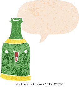 cartoon beer bottle with speech bubble in grunge distressed retro textured style