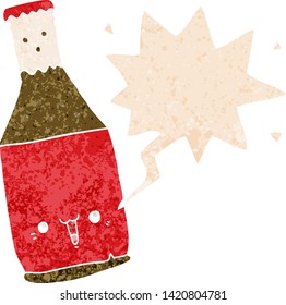 cartoon beer bottle with speech bubble in grunge distressed retro textured style