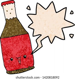 botella de cerveza de dibujos animados con burbuja de habla en estilo de textura retro