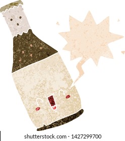 cartoon beer bottle with speech bubble in grunge distressed retro textured style