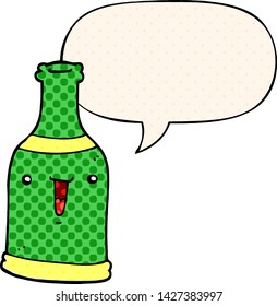 cartoon beer bottle with speech bubble in comic book style
