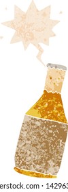 cartoon beer bottle with speech bubble in grunge distressed retro textured style