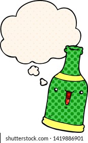 cartoon beer bottle with thought bubble in comic book style