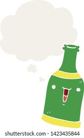 botella de cerveza de dibujos animados con burbuja de pensamiento en estilo retro