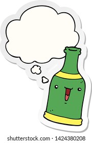 garrafa de cerveja de desenho animado com bolha de pensamento como um adesivo impresso