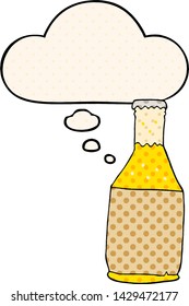cartoon beer bottle with thought bubble in comic book style