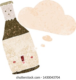 cartoon beer bottle with thought bubble in grunge distressed retro textured style