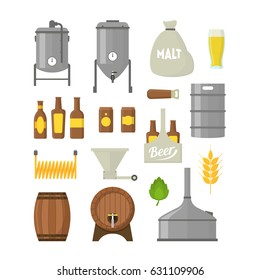 Cartoon Beer Brewing Color Icons Set Isolated on a White Background. Alcohol Beverage Process and Production. Vector illustration