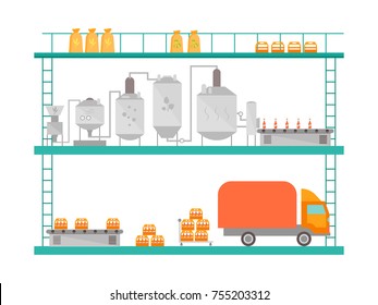 Cartoon Beer Brewing Process Production Drink Flat Style Design Equipment Conveyor Factory Isolated on White Background. Vector illustration