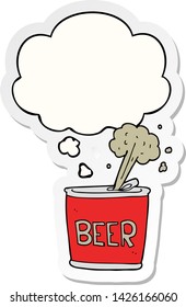 lata de cerveza de caricatura con burbuja de pensamiento como pegatina impresa