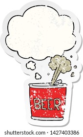 cartoon beer can with thought bubble as a distressed worn sticker