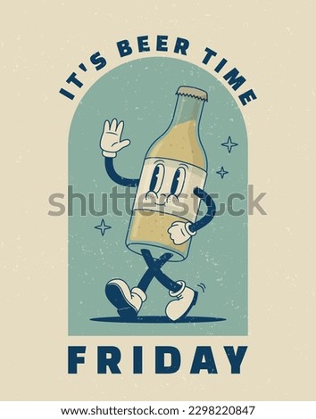 Cartoon beer character in retro 70s groove style. Vector illustration. Vintage beverage mascot poster