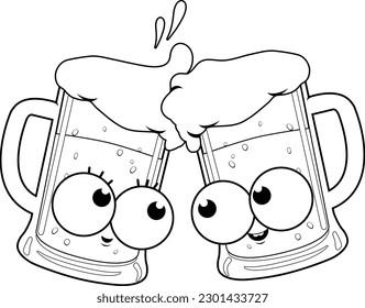 Cartoon beer characters toasting. Vector black and white coloring page