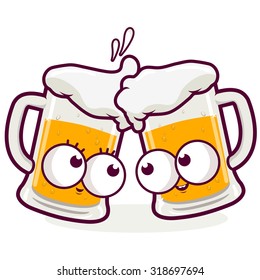Cartoon beer characters toasting. Vector illustration