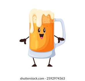 Cartoon beer drink glass tankard funny character. Craft brewery alcohol drink glass cup funny vector mascot, bar beer mug or pub ale tankard happy character. Bavarian Oktoberfest drink personage