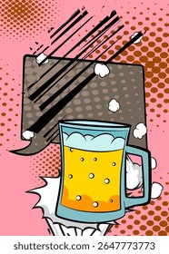 Cartoon Beer glass with blank speech bubble, comic book refreshment background. Retro vector comics pop art design.