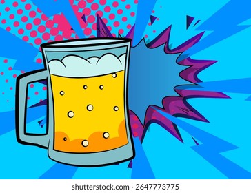Cartoon Beer glass with blank speech bubble, comic book refreshment background. Retro vector comics pop art design.
