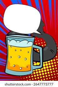 Cartoon Beer glass with blank speech bubble, comic book refreshment background. Retro vector comics pop art design.