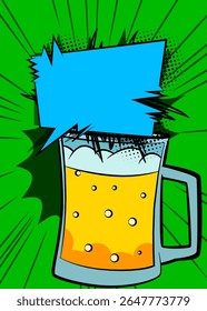 Cartoon Beer glass with blank speech bubble, comic book refreshment background. Retro vector comics pop art design.