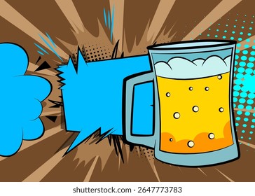 Cartoon Beer glass with blank speech bubble, comic book refreshment background. Retro vector comics pop art design.