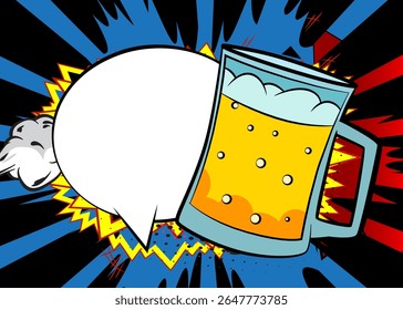 Cartoon Beer glass with blank speech bubble, comic book refreshment background. Retro vector comics pop art design.