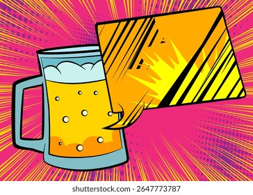 Cartoon Beer glass with blank speech bubble, comic book refreshment background. Retro vector comics pop art design.