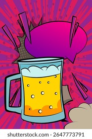 Cartoon Beer glass with blank speech bubble, comic book refreshment background. Retro vector comics pop art design.