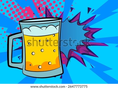 Cartoon Beer glass with blank speech bubble, comic book refreshment background. Retro vector comics pop art design.