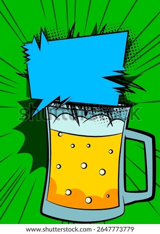 Cartoon Beer glass with blank speech bubble, comic book refreshment background. Retro vector comics pop art design.