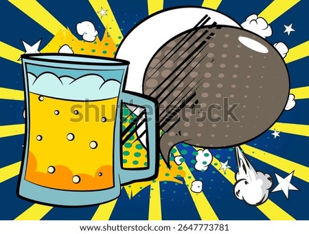 Cartoon Beer glass with blank speech bubble, comic book refreshment background. Retro vector comics pop art design.
